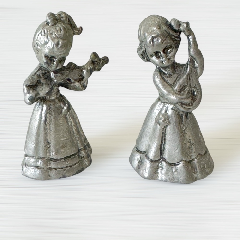 2 Pewter Miniature Girl Figurines Musicians Vintage Marked Taiwan